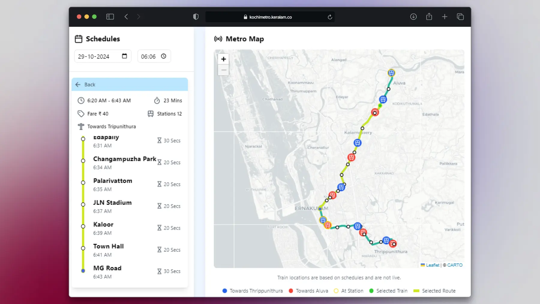 Kochi Metro 'Realtime' Map Screenshot